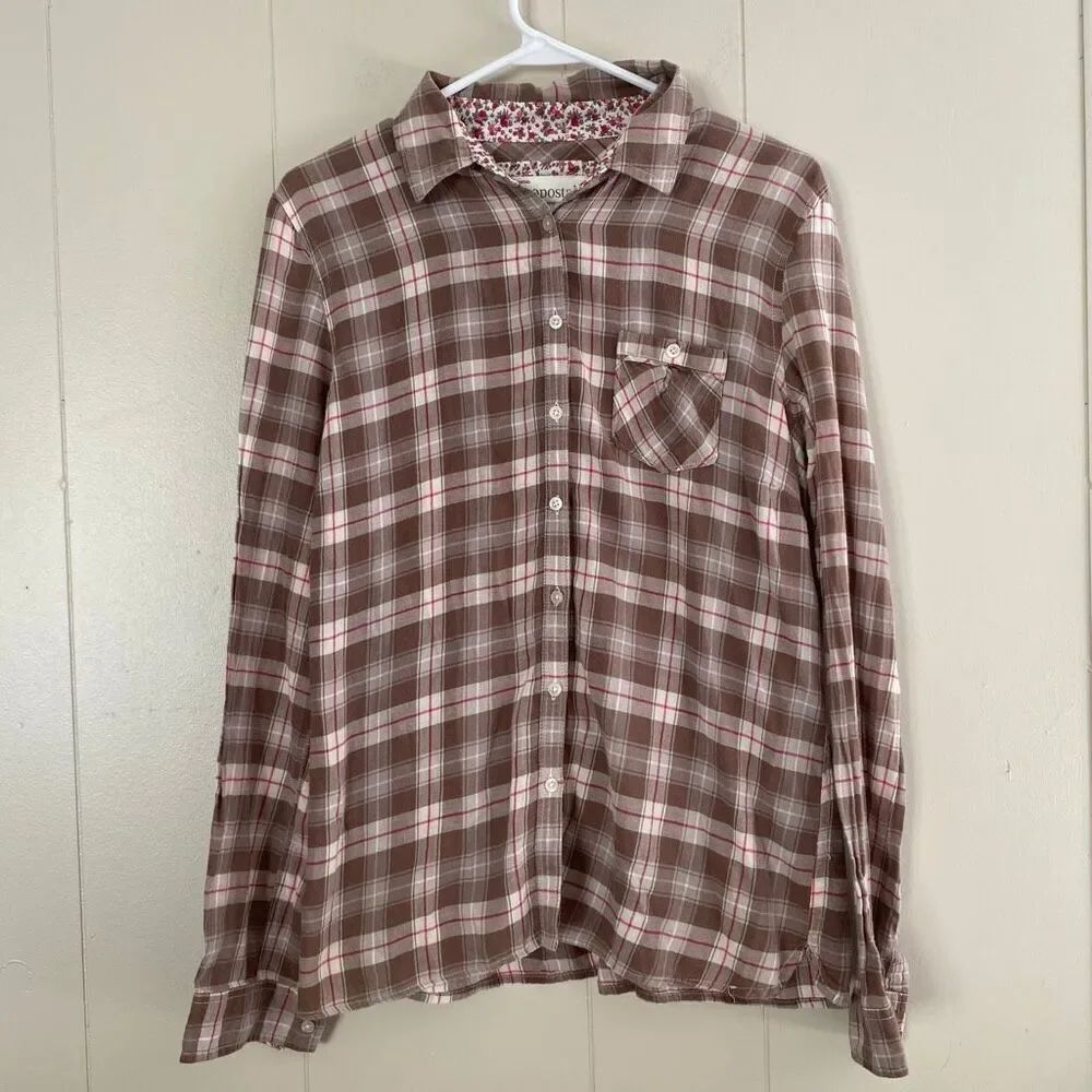 Aéropostale Plaid Button Down Shirt Brown Pink Flannel Top Women’s XL 100% Cotto